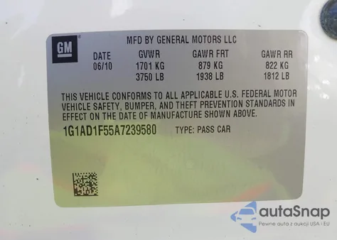 2010 Chevrolet Cobalt Lt из США, поврежденный, VIN 1G1AD1F55A7239580